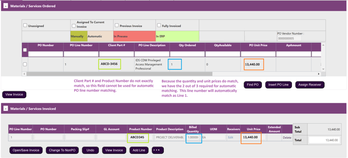 PO line matching example 1